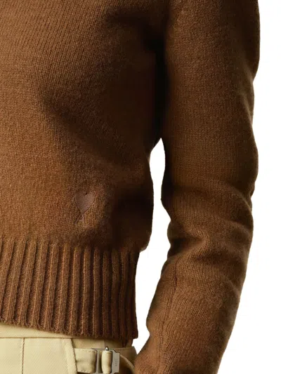 Ami Alexandre Mattiussi Cropped Brown Cashmere Blend Sweater With Heart Detail