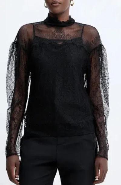 Twinset Long-sleeved Black Lace Overlay Top In Multi