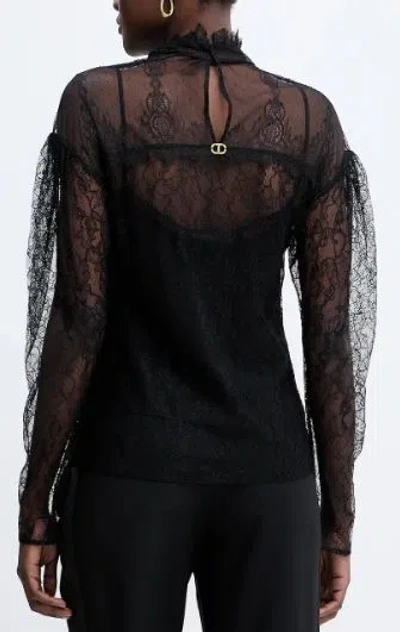 Twinset Long-sleeved Black Lace Overlay Top In Multi