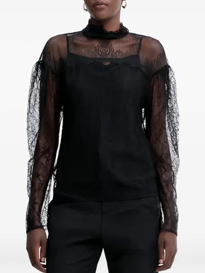 Twinset Long-sleeved Black Lace Overlay Top In Multi