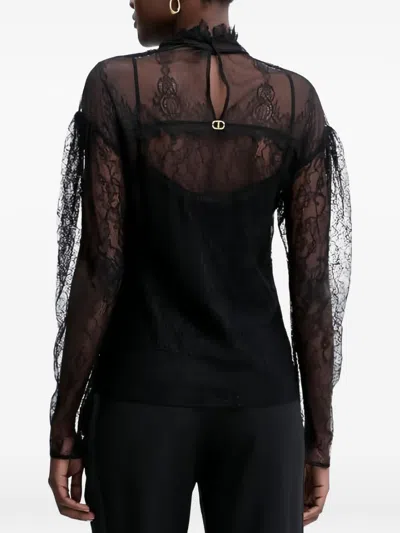 Twinset Long-sleeved Black Lace Overlay Top In Multi