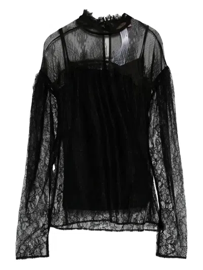 Twinset Long-sleeved Black Lace Overlay Top In Multi