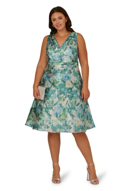 Adrianna Papell Floral Jacquard Midi Cocktail Dress In Blue