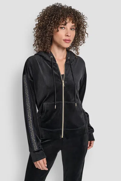 Dkny Women's Velour Full Zip Hoodie With Metallic Logo In Black