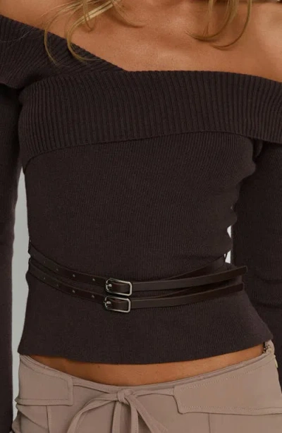 Princess Polly Ellenore Double Belt Off The Shoulder Top In Brown
