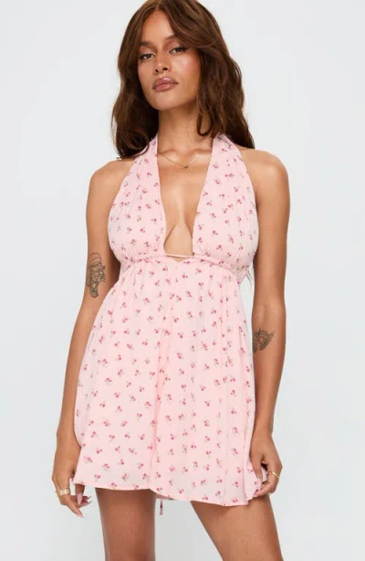 Princess Polly Saddler Floral Plunge Halter Minidress In Pink