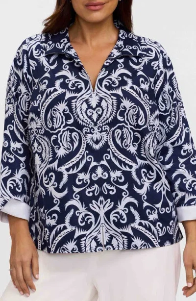 Foxcroft Agnes Florentine Print Three-quarter Sleeve Cotton Popover Top In Blue