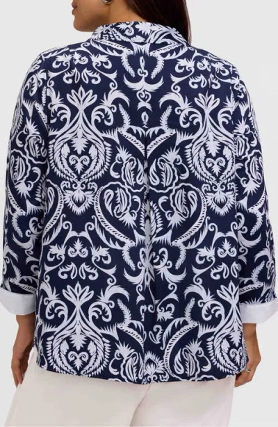 Foxcroft Agnes Florentine Print Three-quarter Sleeve Cotton Popover Top In Blue