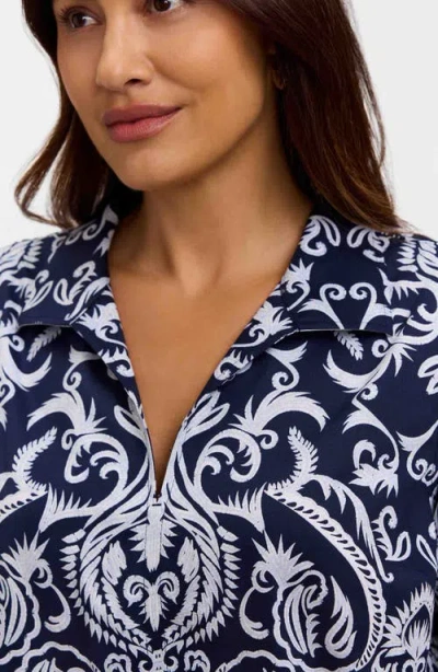 Foxcroft Agnes Florentine Print Three-quarter Sleeve Cotton Popover Top In Blue