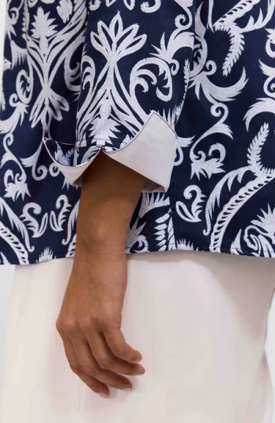 Foxcroft Agnes Florentine Print Three-quarter Sleeve Cotton Popover Top In Blue