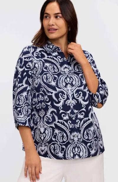 Foxcroft Hampton Florentine Print Cotton Button-up Shirt In Blue