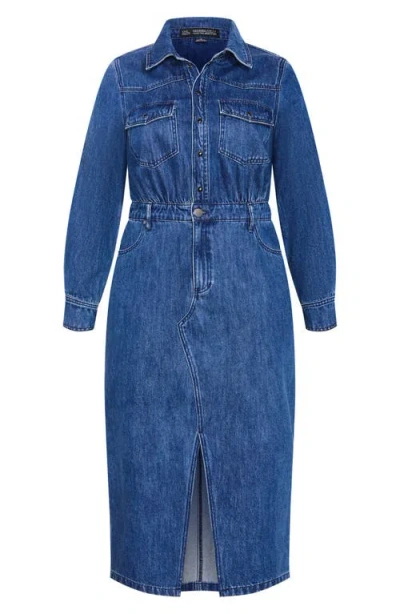 City Chic Elara Denim Midi Shirt Dress In Blue
