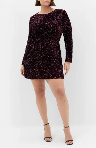 City Chic Winter Sequin Long Sleeve Dress In Purple