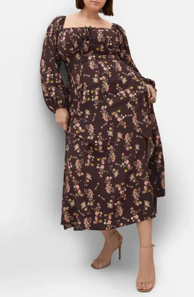 City Chic Abbigail Floral Print Long Sleeve Maxi Dress In Brown