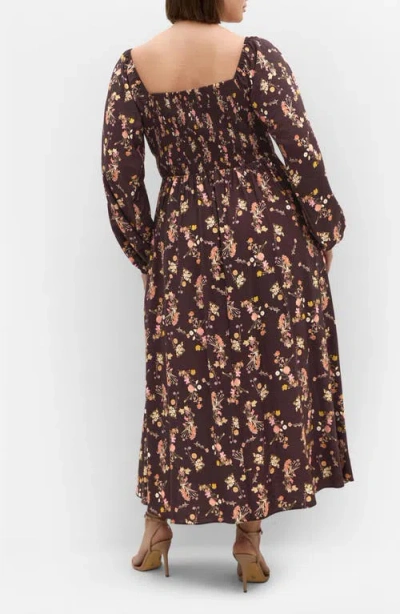 City Chic Abbigail Floral Print Long Sleeve Maxi Dress In Brown