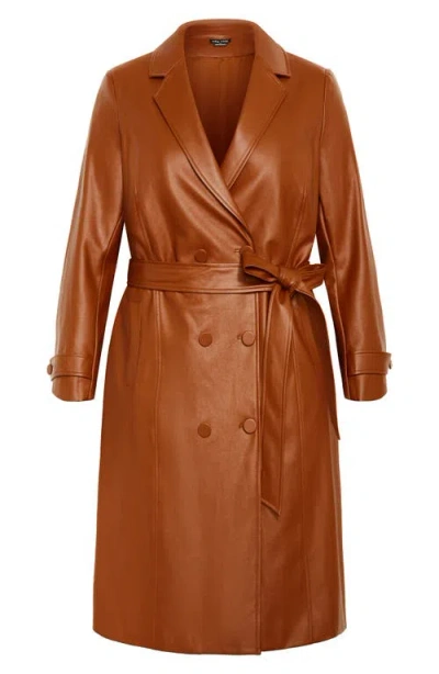 City Chic Briella Faux Leather Trench Coat In Brown