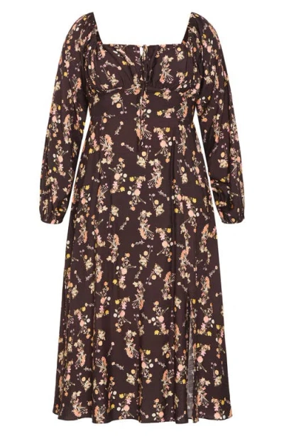City Chic Abbigail Floral Print Long Sleeve Maxi Dress In Brown