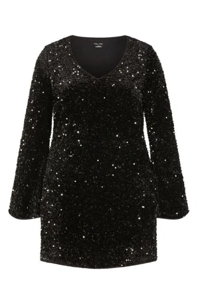 City Chic Paislee Sequin Long Sleeve Dress In Black