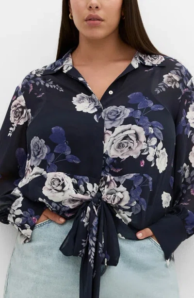 City Chic Janine Floral Print Tie Waist Shirt In Blue
