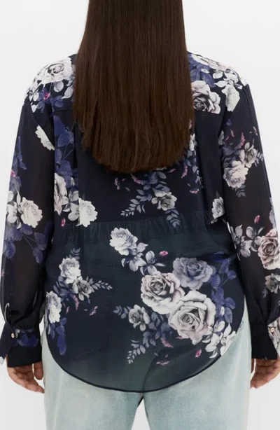 City Chic Janine Floral Print Tie Waist Shirt In Blue