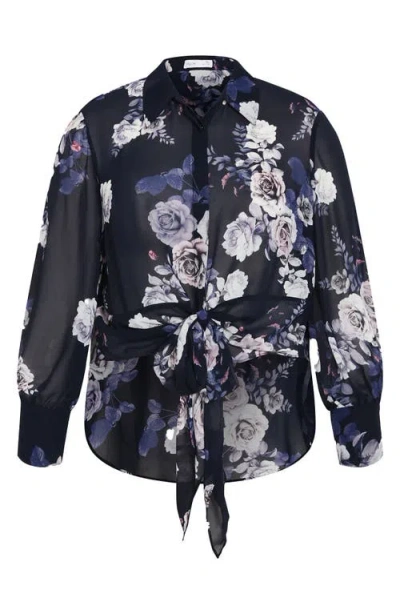 City Chic Janine Floral Print Tie Waist Shirt In Blue