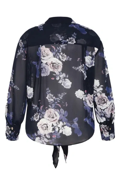 City Chic Janine Floral Print Tie Waist Shirt In Blue