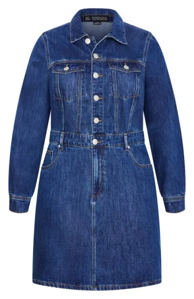 City Chic Liora Long Sleeve Denim Shirtdress In Blue