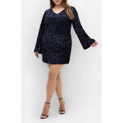 City Chic Paislee Sequin Long Sleeve Dress In Blue