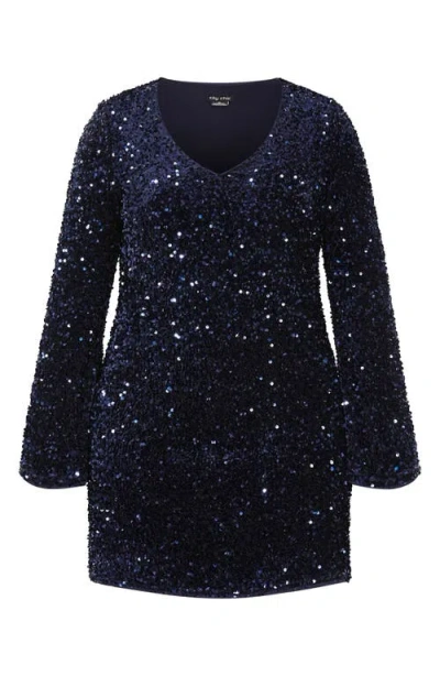City Chic Paislee Sequin Long Sleeve Dress In Blue
