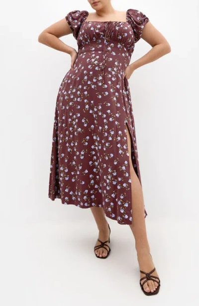 City Chic Abbie Floral Print Midi Dress In Brown