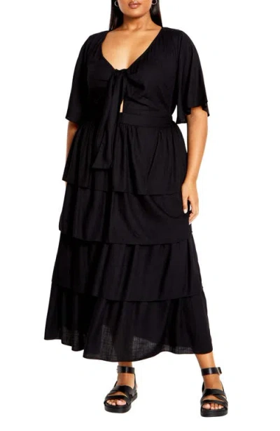 City Chic Maya Tie Front Tiered Midi Dress In Black
