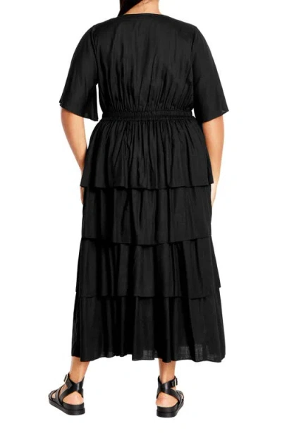City Chic Maya Tie Front Tiered Midi Dress In Black