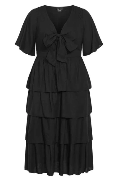 City Chic Maya Tie Front Tiered Midi Dress In Black