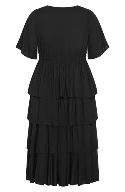 City Chic Maya Tie Front Tiered Midi Dress In Black