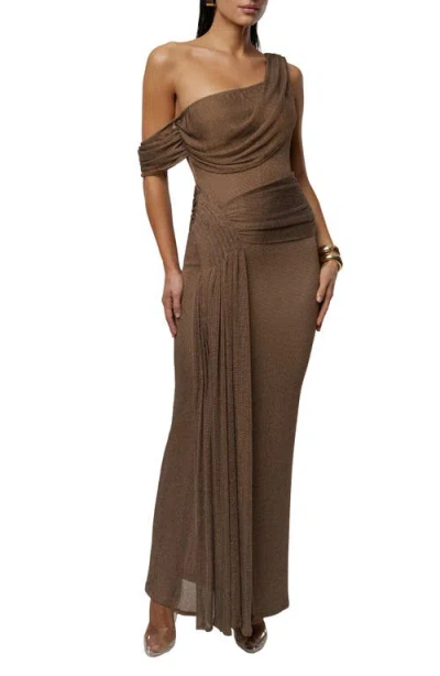 Jluxlabel Drape Metallic One-shoulder Gown In Brown