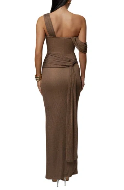 Jluxlabel Drape Metallic One-shoulder Gown In Brown