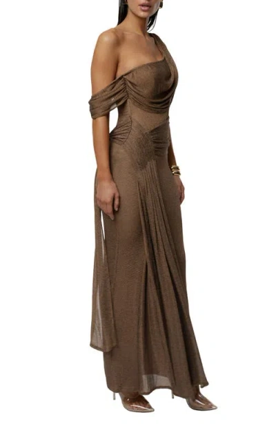 Jluxlabel Drape Metallic One-shoulder Gown In Brown