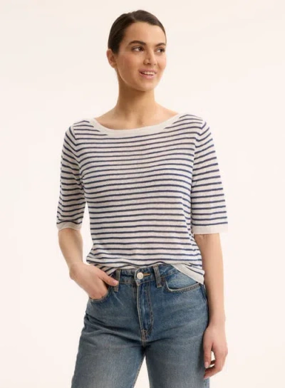 Majestic Filatures Linen Knit Stripe Elbow Sleeve Crewneck In Blue