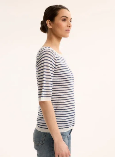 Majestic Filatures Linen Knit Stripe Elbow Sleeve Crewneck In Blue