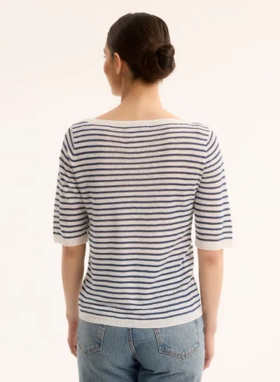 Majestic Filatures Linen Knit Stripe Elbow Sleeve Crewneck In Blue