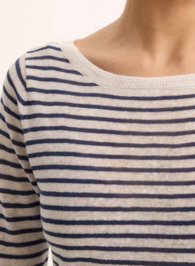 Majestic Filatures Linen Knit Stripe Elbow Sleeve Crewneck In Blue