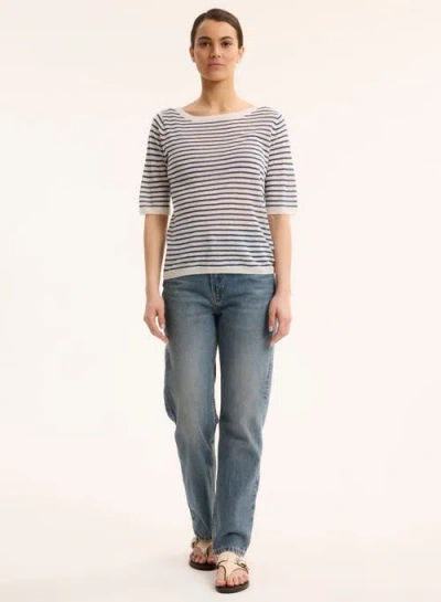 Majestic Filatures Linen Knit Stripe Elbow Sleeve Crewneck In Blue