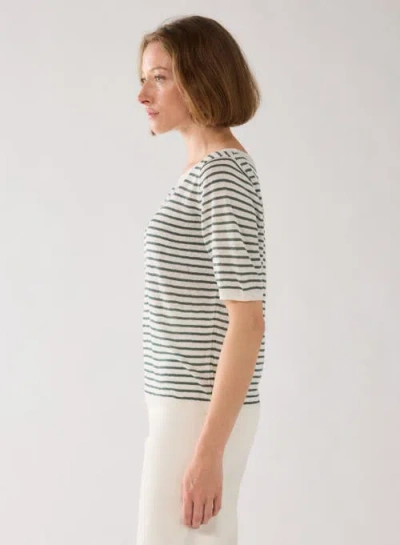 Majestic Filatures Linen Knit Stripe Elbow Sleeve Crewneck In Green