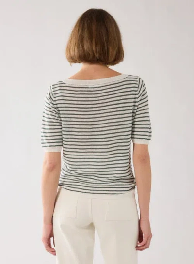 Majestic Filatures Linen Knit Stripe Elbow Sleeve Crewneck In Green