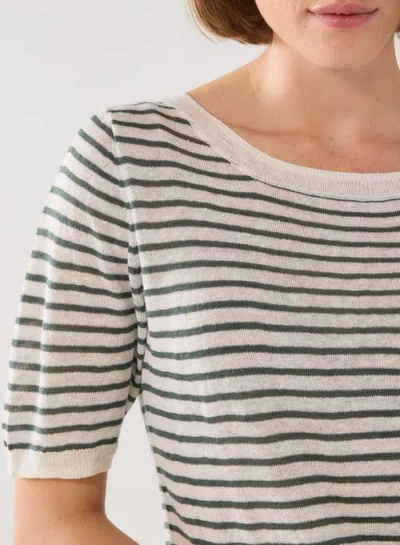 Majestic Filatures Linen Knit Stripe Elbow Sleeve Crewneck In Green