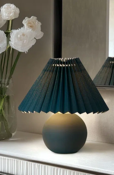 Brightech Serena 10" Ceramic Led Table Lamp With Retro Globe Base And Fabric Pleated Shade In Blue