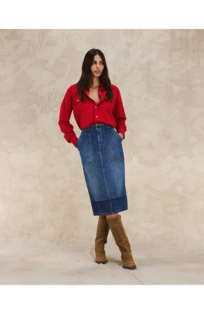 Fortela Jia Custom Wash Denim Fatigue Skirt In Blue