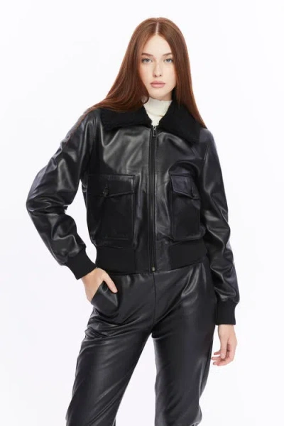 Furniq Uk Florence Leather Bomber Jacket In Black