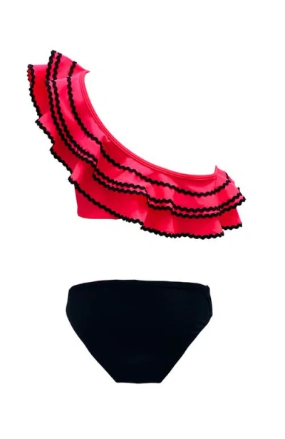 Nessi Byrd Ric-rac Trim One-shoulder Ruffle Two-piece Bikini, Toddler-little Kid,big Kid In Black