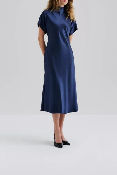 Malina Alivia Short Sleeve Satin Midi Dress In Blue